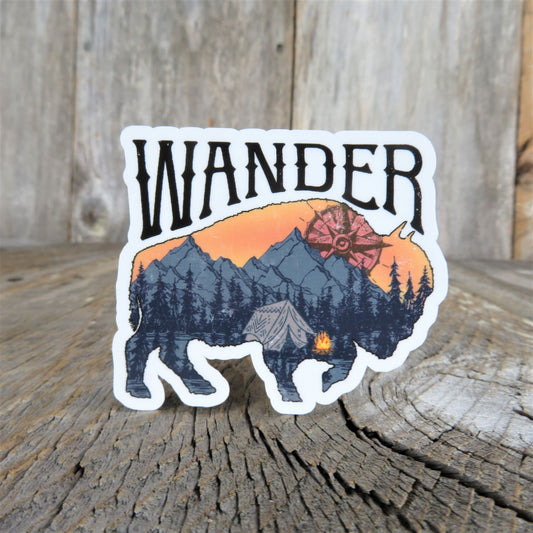 Wander Bison Silhouette with Mountain Scene Sticker Full Color Waterproof Buffalo Retro Outdoors Tent Camping Mountains Water Bottle Sticker