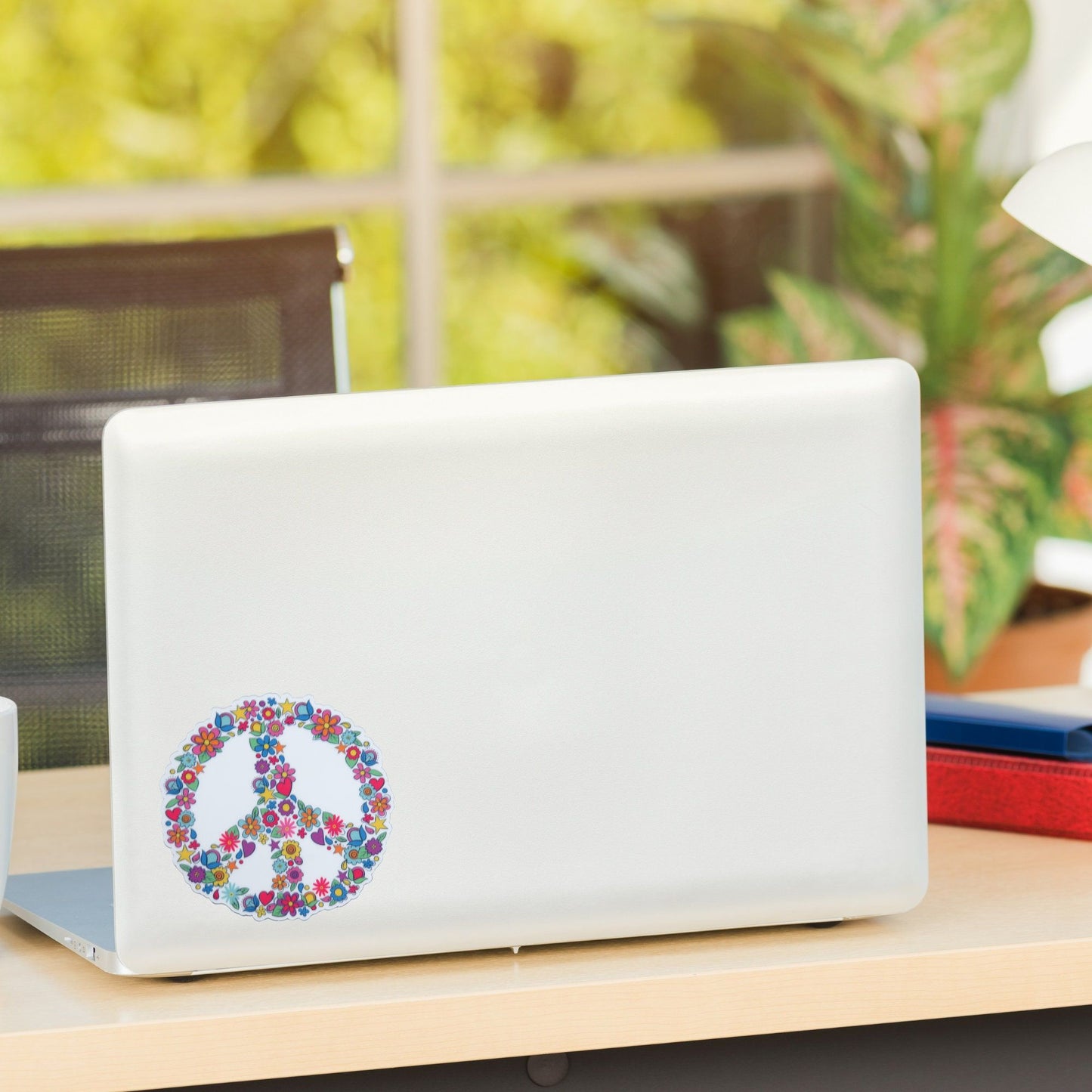 Peace Sign Sticker Flowers White Waterproof Color BoHo 70s Style Hippie Water Bottle Laptop