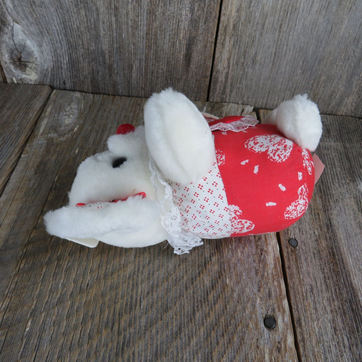 Vintage White Mouse Plush Valentine Dan Dee Red You're Cute Flocked Nose Fabric Body Cloth Easter Stuffed Animal
