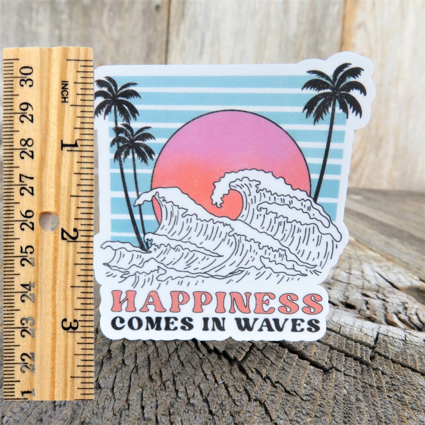 Happiness Comes in Waves Sticker Ocean Sunset Retro Colored Decal Palm Tree Waterproof Car Water Bottle Laptop