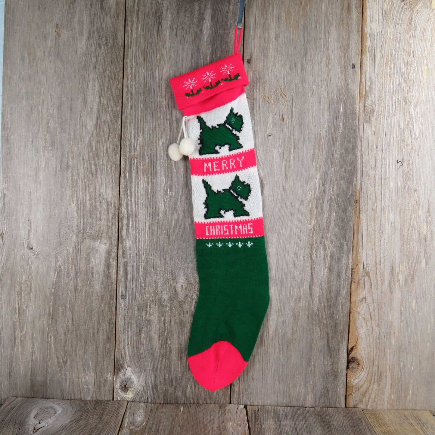 Vintage Schnauzer Scottish Terrier Dog Stocking Merry Christmas Scottie Red Green Knitted Blue Red st360