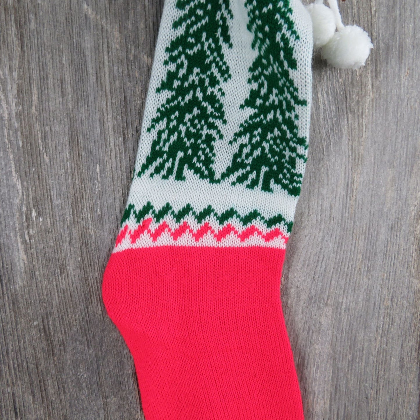 Vintage Knit Christmas Tree Stocking Christmas Sweater Knitted Red Green White Pom Pom  St362