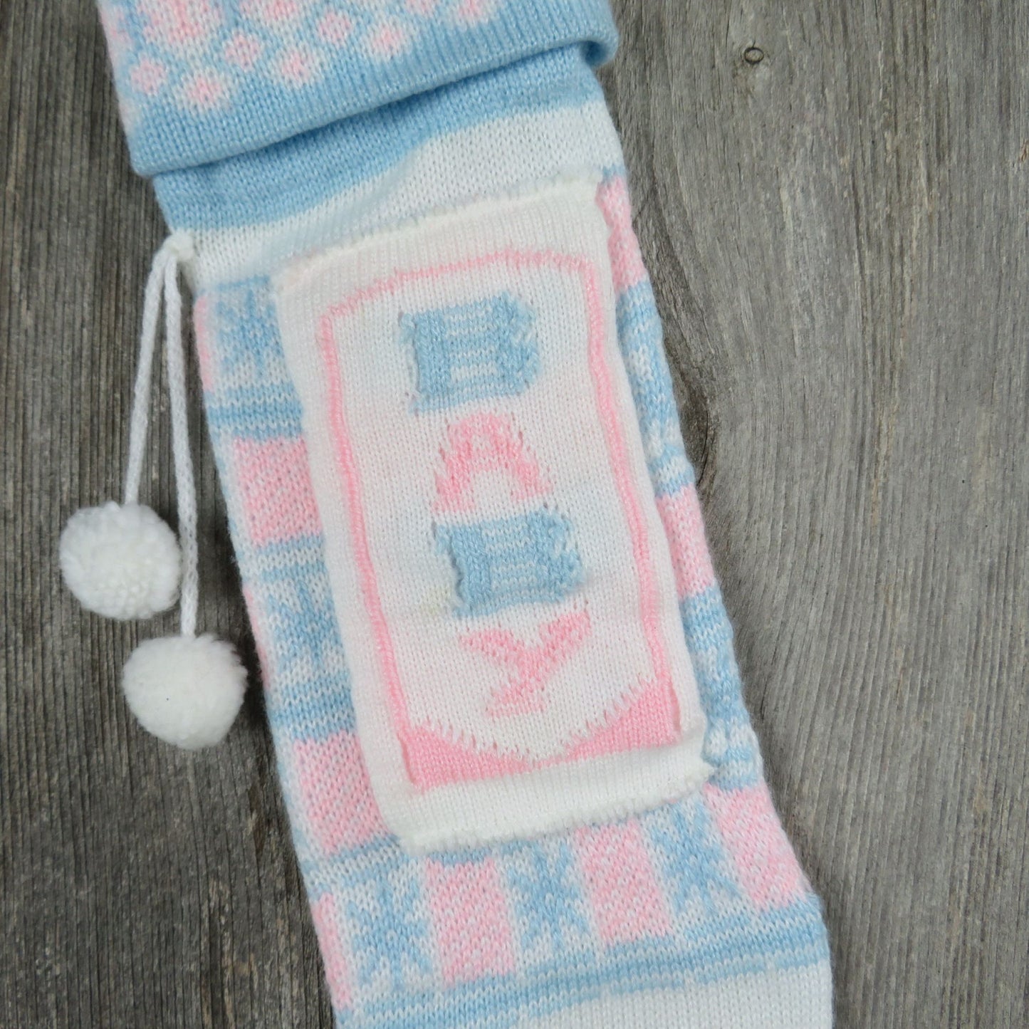 Vintage Baby Stocking Knit Pink and Blue Pocket Knitted First Christmas St354