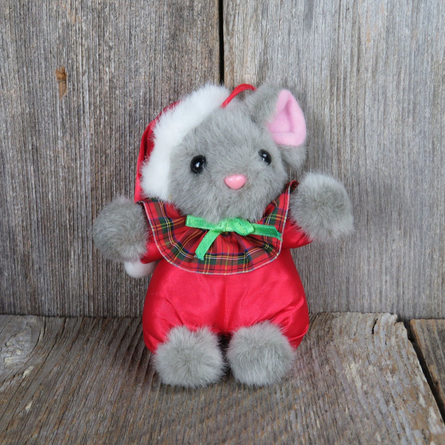 Vintage Christmas Mouse Plush Ornament Cloth Body Santa Satin Hat Musical San Francisco Music Box Squeeze Stuffed Animal