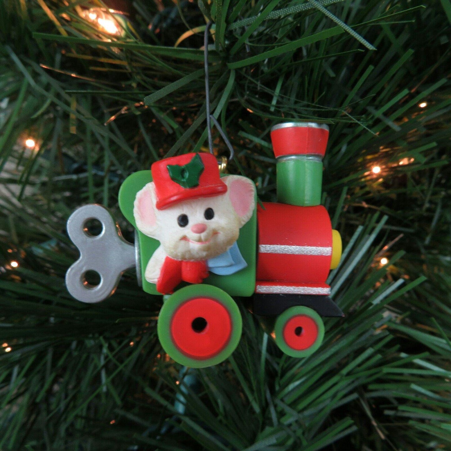 Vintage Mouse Train Ornament Hallmark Engineering Mouse Christmas 1985 Wind Up Train Toy Engine Keepsake