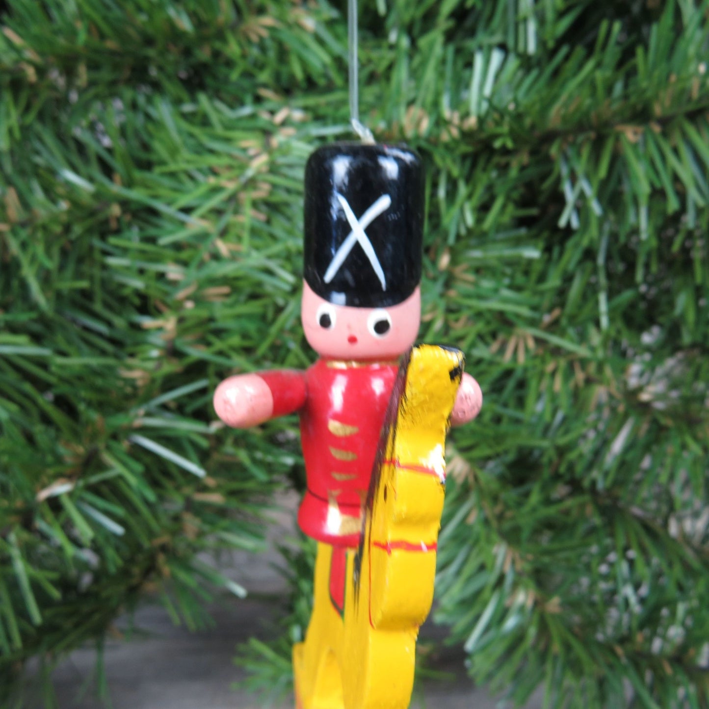 Vintage Soldier on Wooden Rocking Horse Ornament Yellow Toy Pony Red