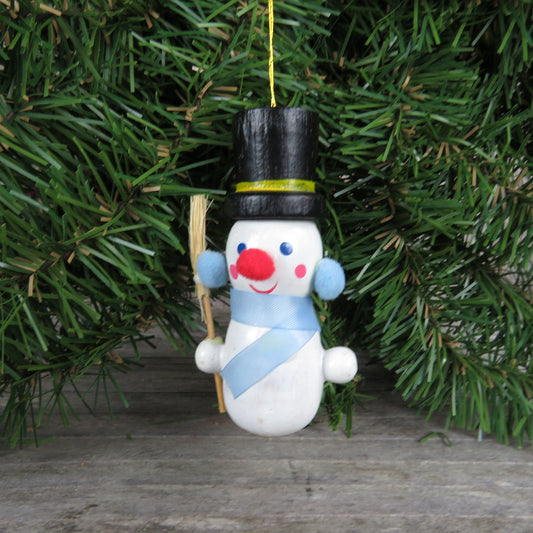 Vintage Snowman Wood Ornament Broom Top Hat Blue Scarf Ear Muffs Wooden Christmas