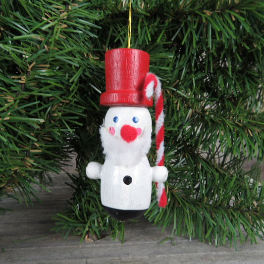 Vintage Wooden Snowman with Red Top Hat Ornament Candy Cane Beard Red Nose Christmas