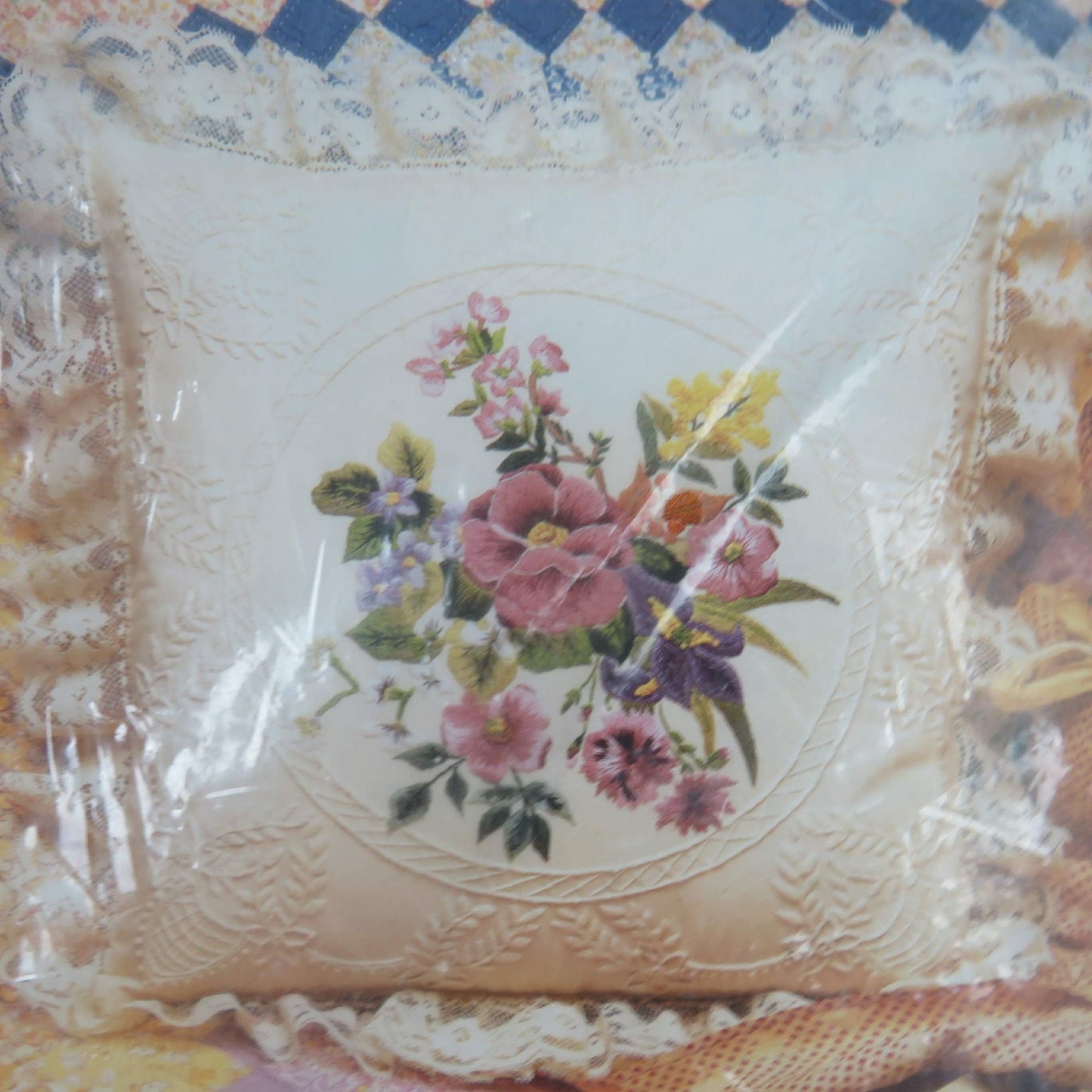 Vintage Candamar Designs Candlewicking Embroidery Floral Bouquet Pillow 14 Inch