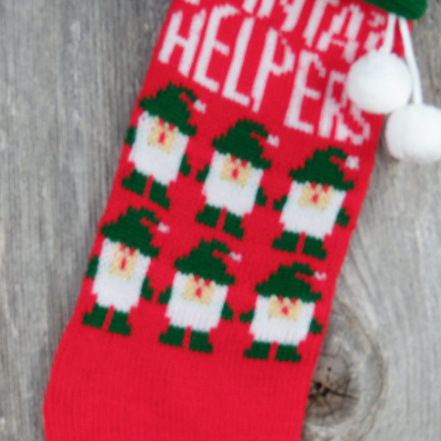 Vintage Knit Santa's Helpers Stocking Elves Green Red Christmas Gnomes Pom Pom Knitted 1980s