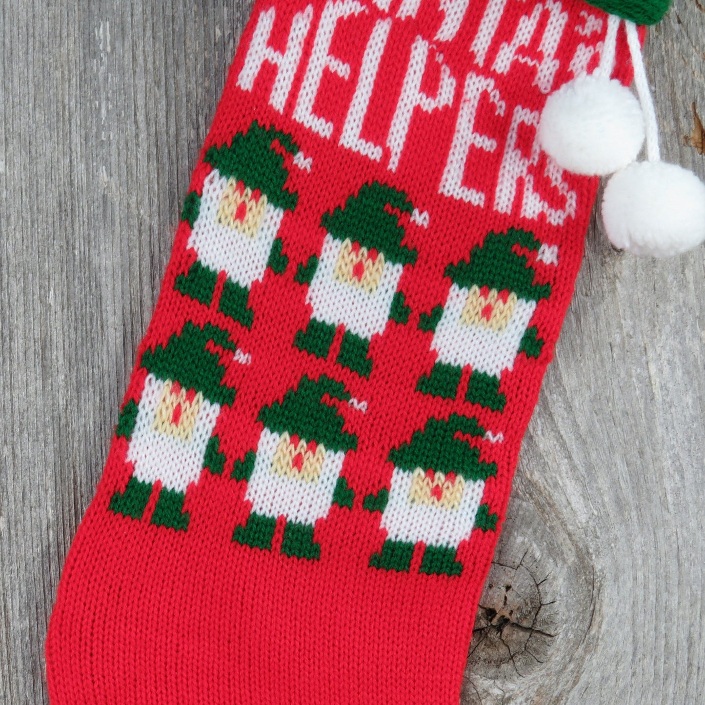 Vintage Knit Santa's Helpers Stocking Elves Green Red Christmas Gnomes Pom Pom Knitted 1980s