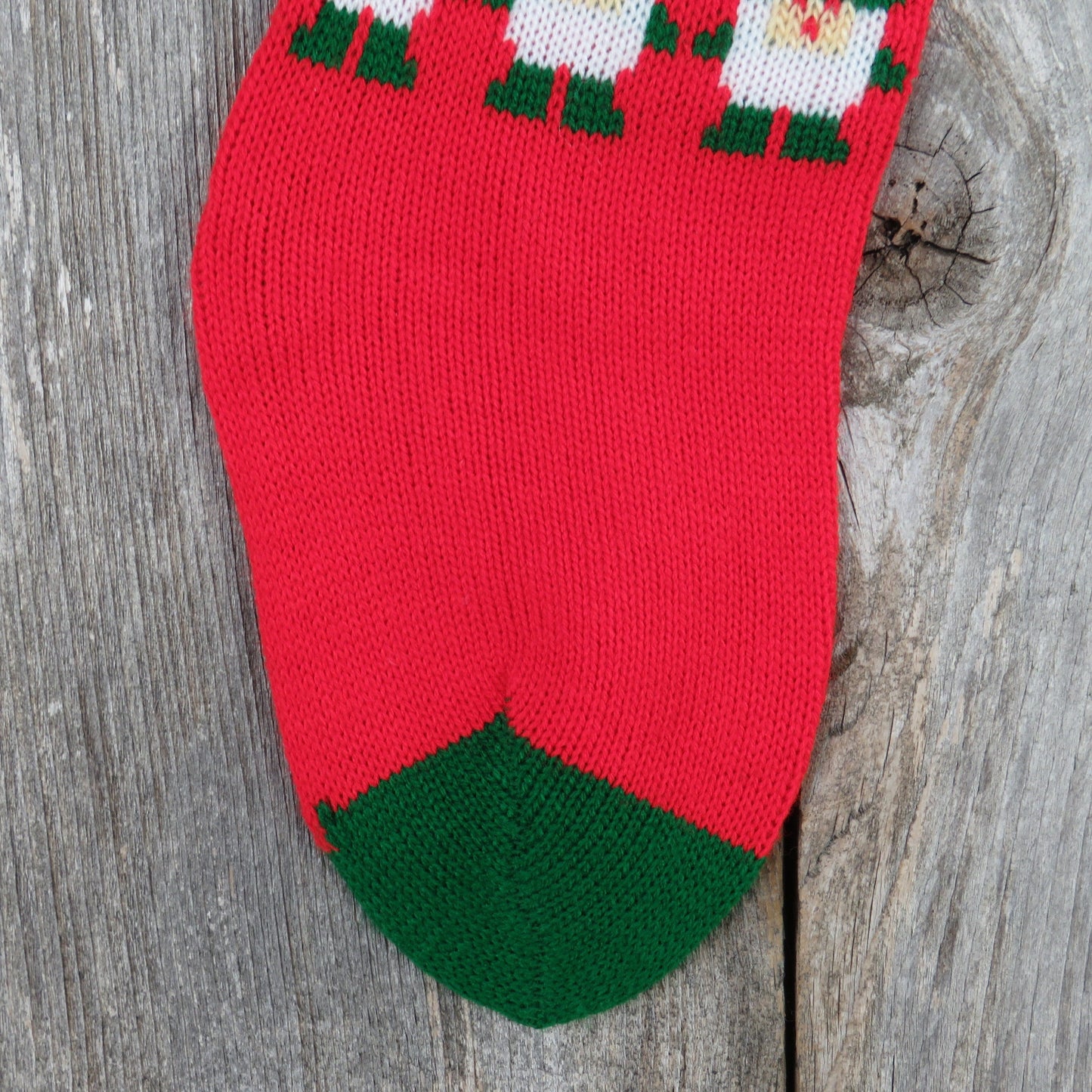 Vintage Knit Santa's Helpers Stocking Elves Green Red Christmas Gnomes Pom Pom Knitted 1980s