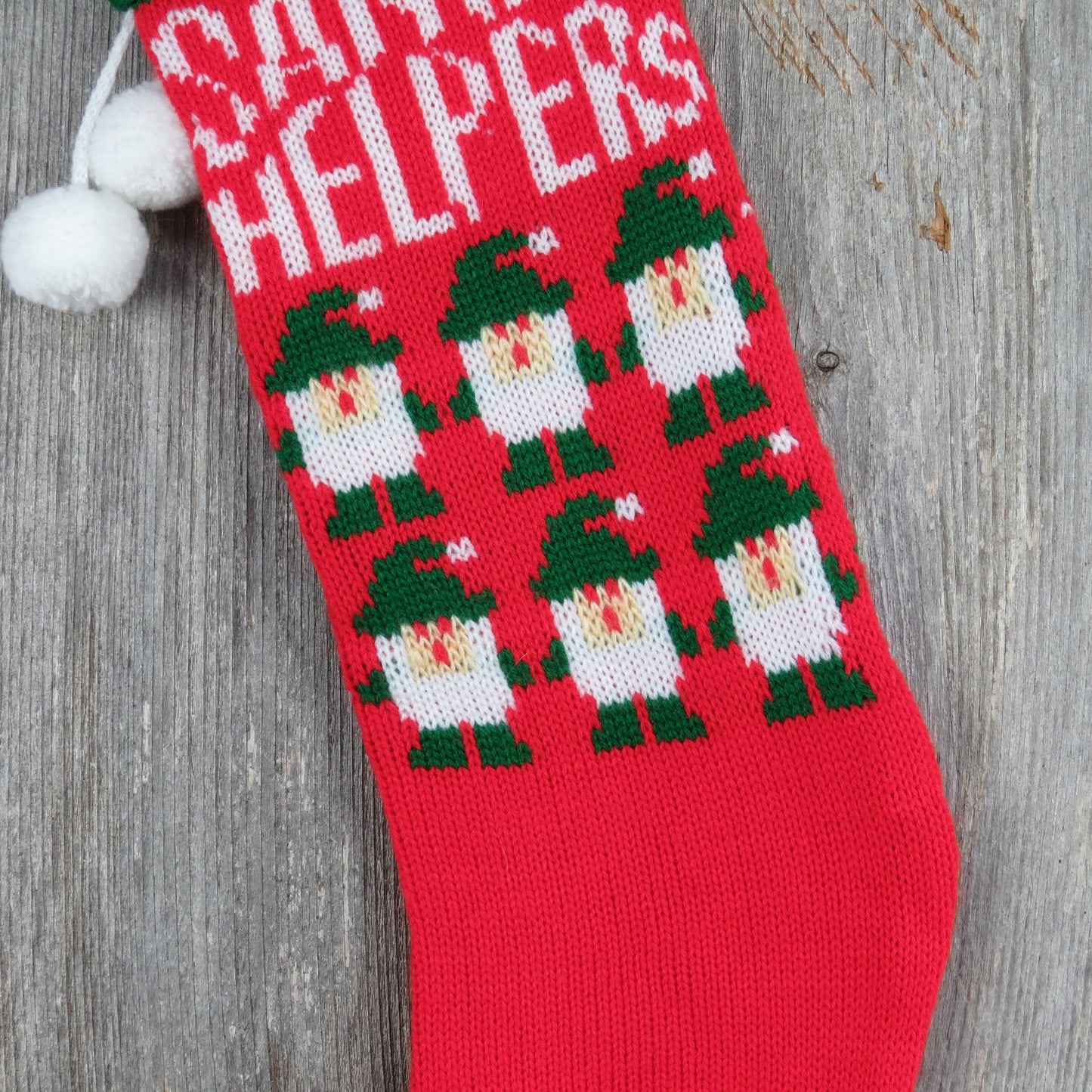 Vintage Knit Santa's Helpers Stocking Elves Green Red Christmas Gnomes Pom Pom Knitted 1980s