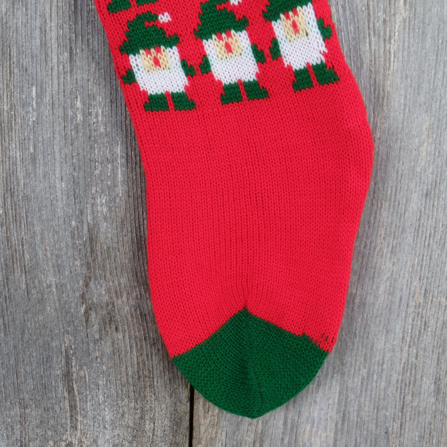 Vintage Knit Santa's Helpers Stocking Elves Green Red Christmas Gnomes Pom Pom Knitted 1980s