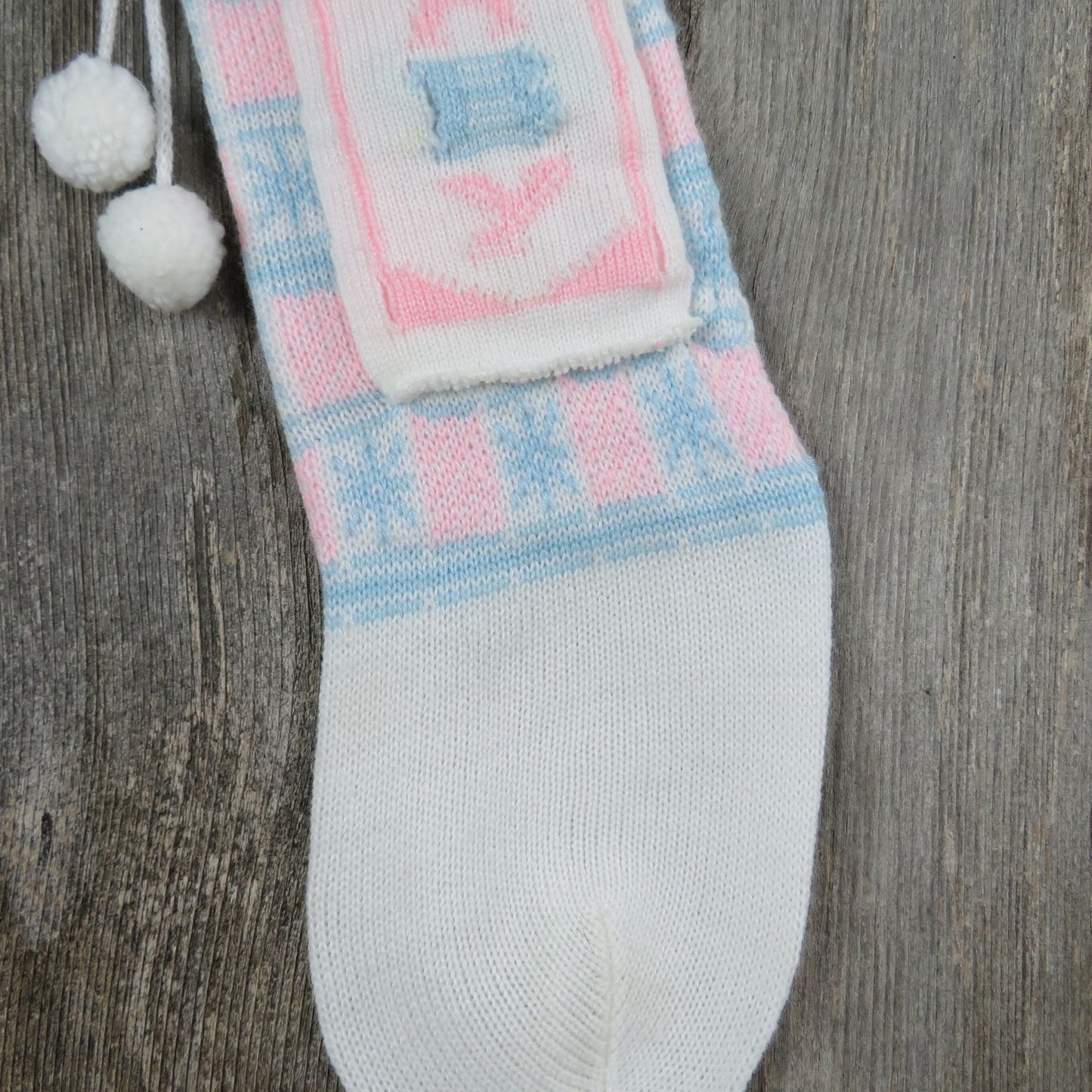 Vintage Baby Stocking Knit Pink and Blue Pocket Knitted First Christmas St354