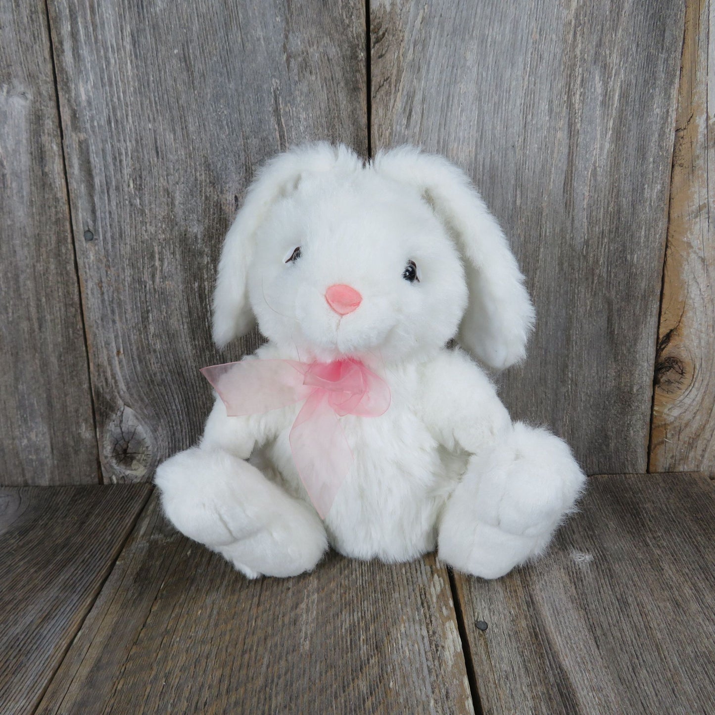 Vintage Bunny Plush White Rabbit Ribbon Pink Flocked Nose Easter Hare Stuffed Animal