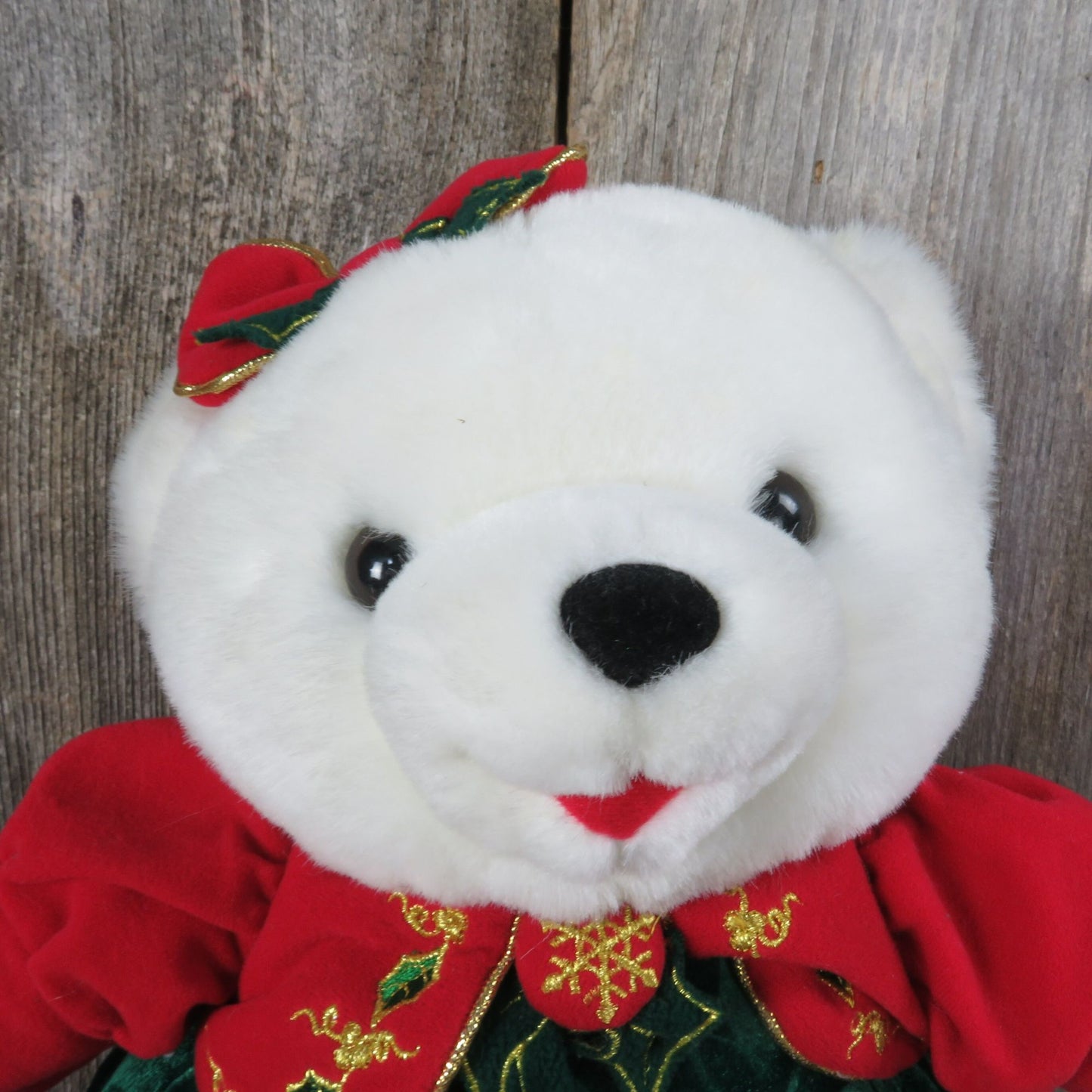 Vintage White Christmas Bear Plush Snowflake Holiday Girl Green Red Dress and Bow Stuffed Animal Velveteen Holly 2001