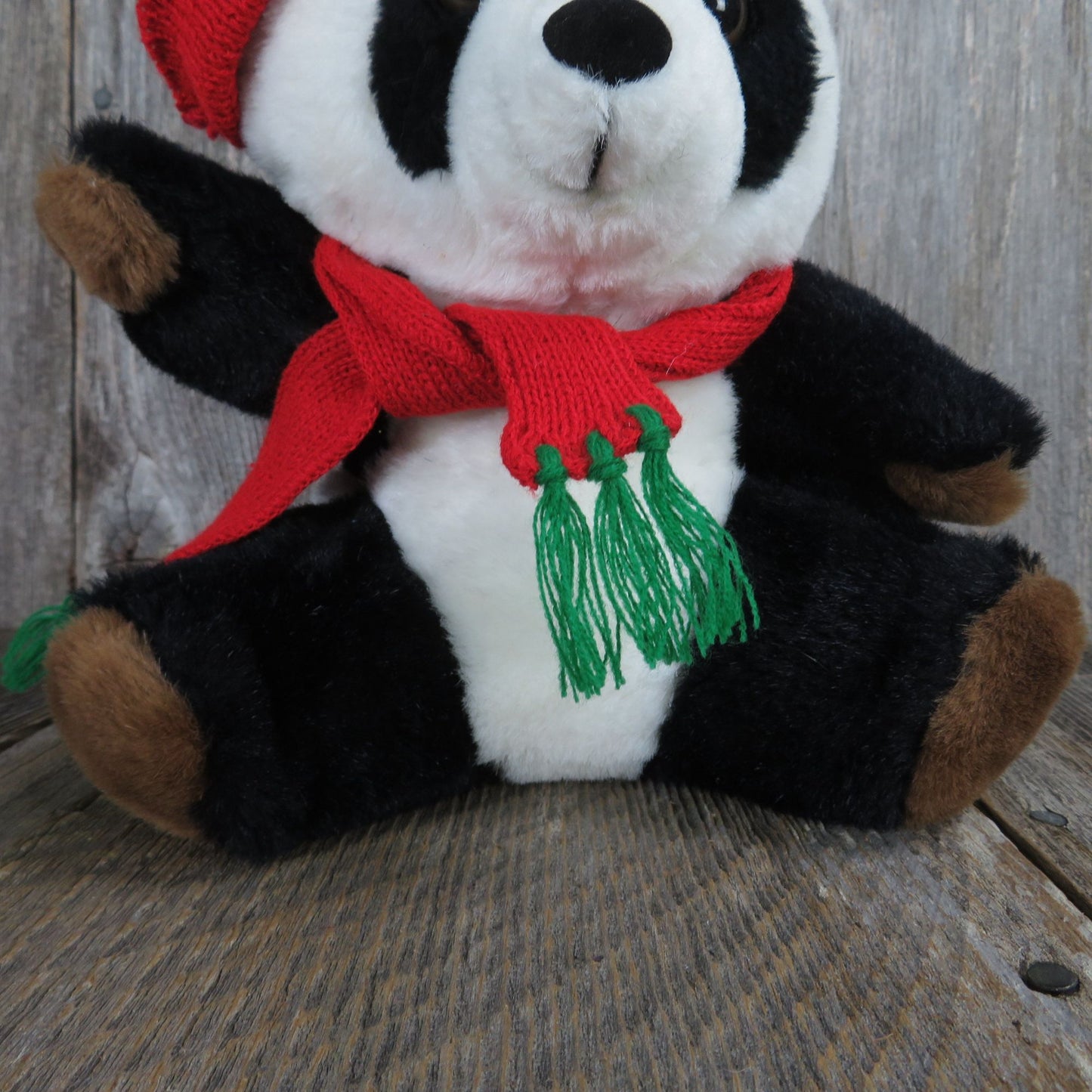 Vintage Winter Panda Bear Plush Brown Paws Red Knit Hat Scarf Christmas Made in Korea