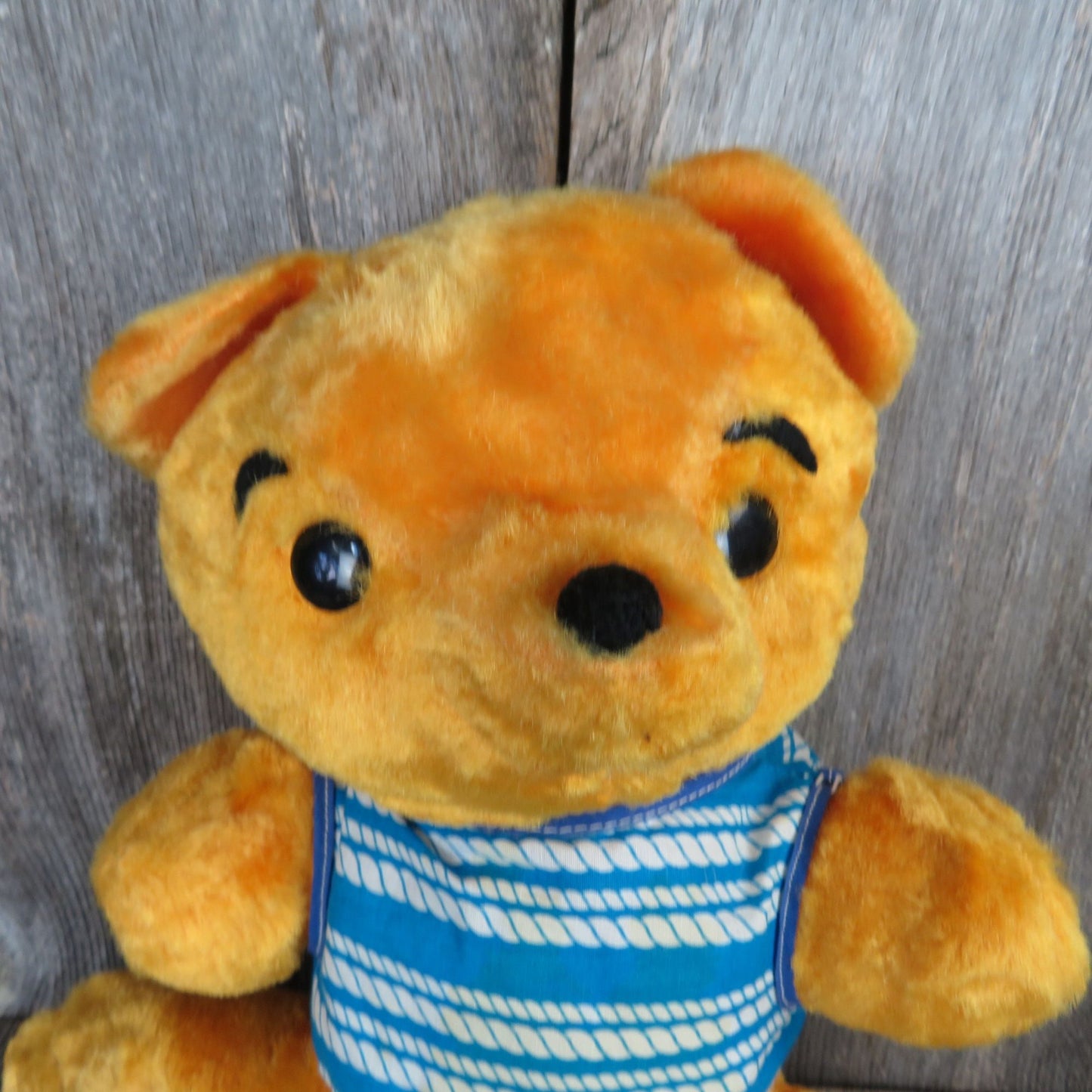 Vintage Teddy Bear Plush Shiny Yellow Orange Stuffed Animal Blue Shirt Pom Pom Nose Soft Foam Filled Eye Brows