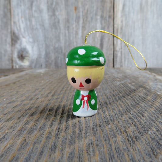 Vintage Wooden Child Ornament Boy Girl Green Polka Dot Blond Children Christmas