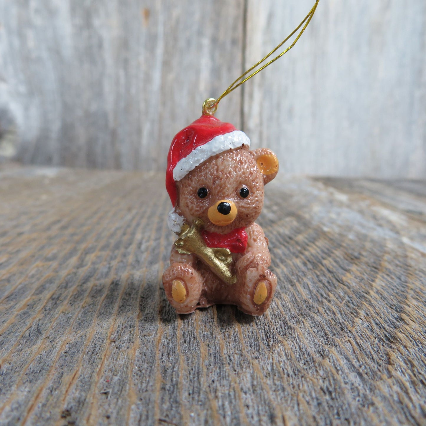 Vintage Teddy Bear Ornament Santa Hat and Horn Christmas