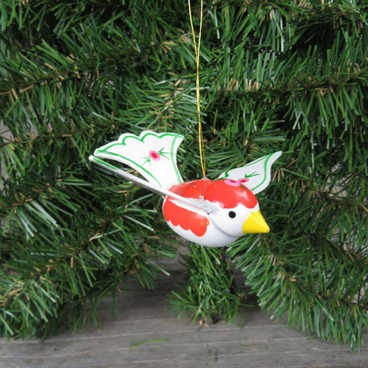 Vintage Wooden Bird Ornaments White Red  Flower Pattern Wood Christmas Made in Taiwan