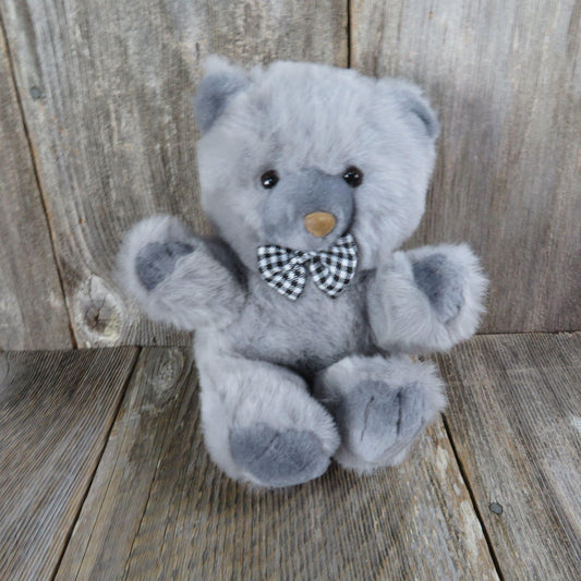 Vintage Grey Teddy Bear Plush Sitting White Black Bow Tie Flocked Brown Nose Wide Way Stuffed Animal