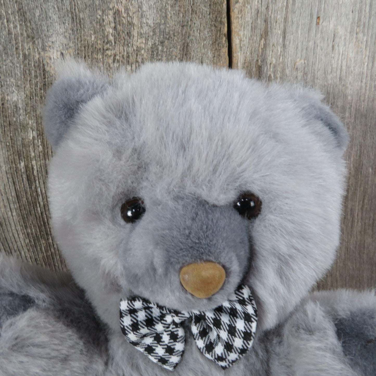 Vintage Grey Teddy Bear Plush Sitting White Black Bow Tie Flocked Brown Nose Wide Way Stuffed Animal