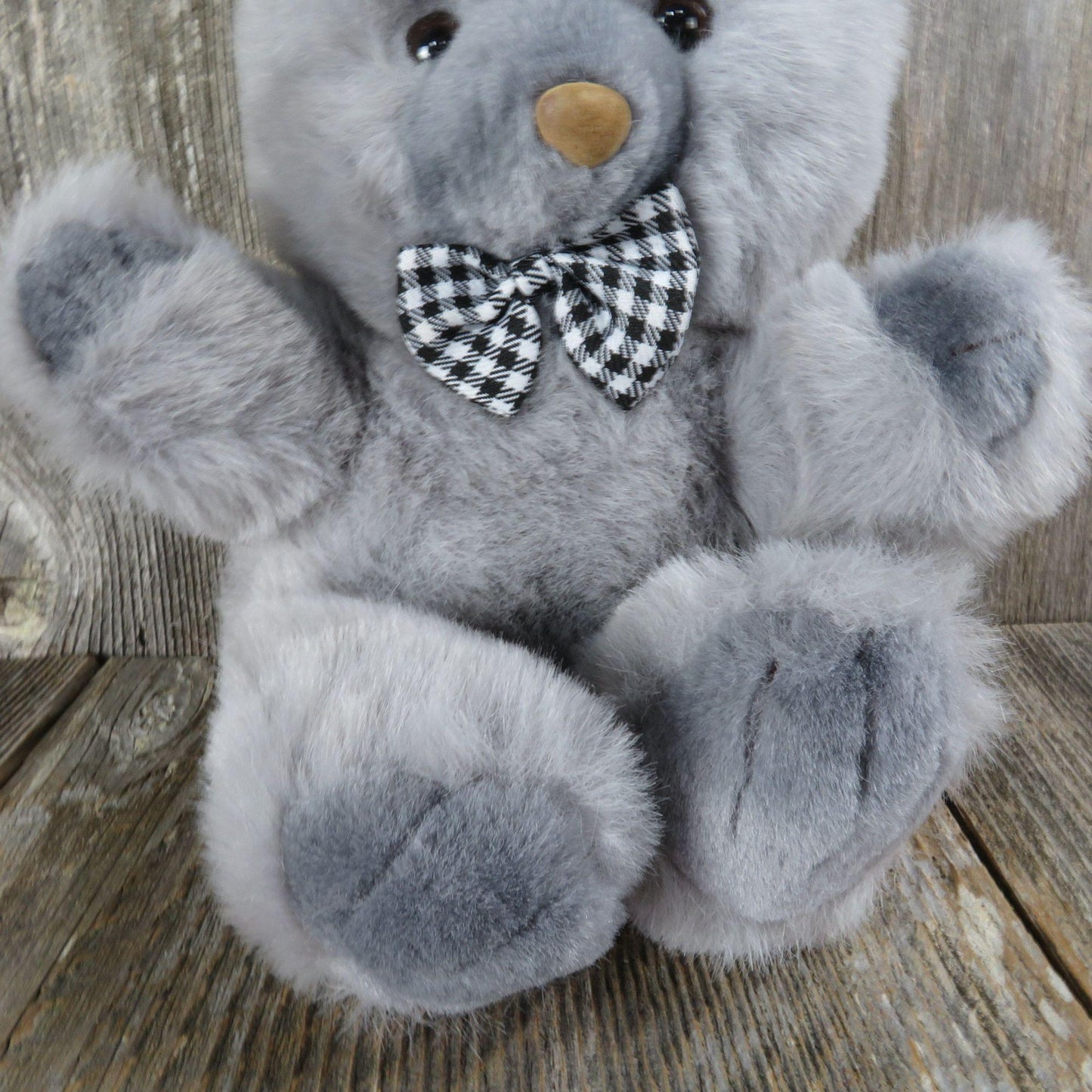 Vintage Grey Teddy Bear Plush Sitting White Black Bow Tie Flocked Brown Nose Wide Way Stuffed Animal