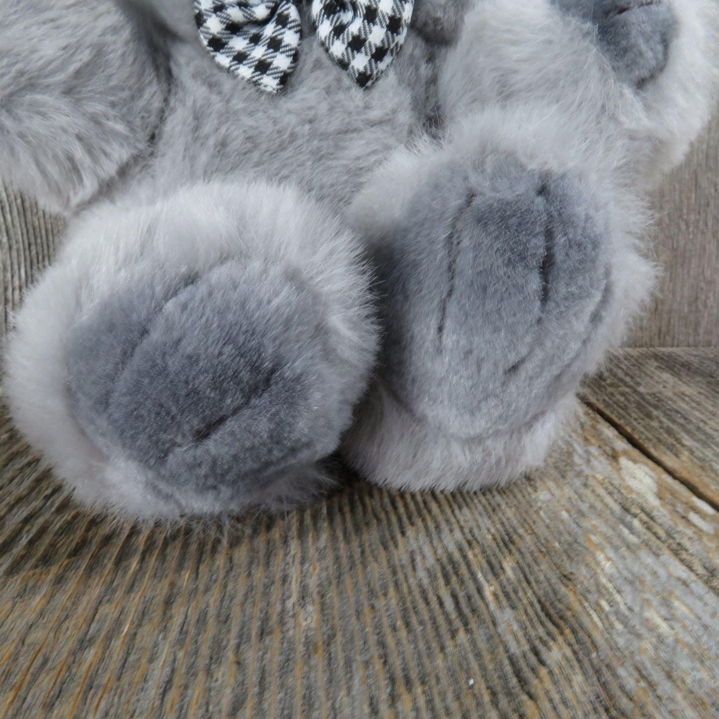 Vintage Grey Teddy Bear Plush Sitting White Black Bow Tie Flocked Brown Nose Wide Way Stuffed Animal