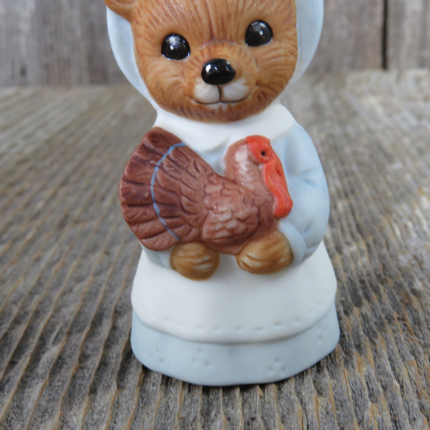 Vintage Bear with Turkey Figurine Homco Thanksgiving Fall Autumn Blue Dress Bonnet 5312