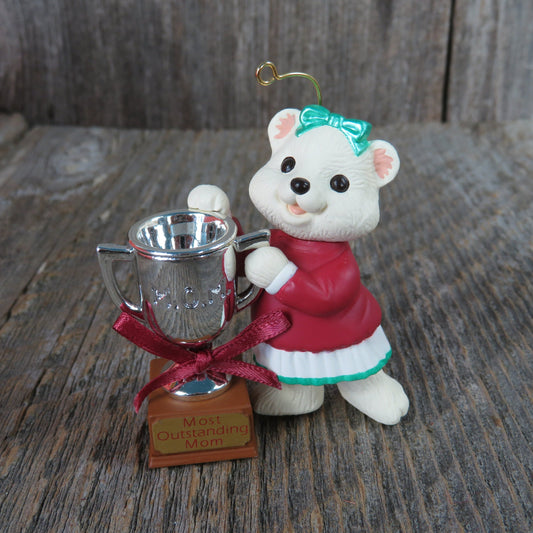 Vintage Teddy Bear Outstanding Mom Ornament Christmas Hallmark Trophy 1994 Dated