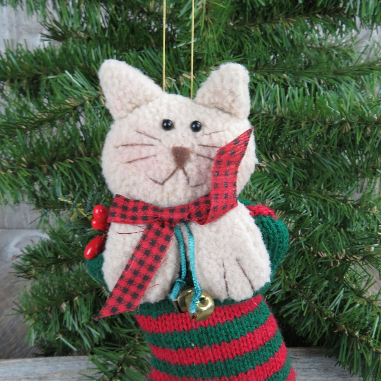 Vintage Cat in Stocking Ornament Kitten Striped Bell Knit Christmas Tree