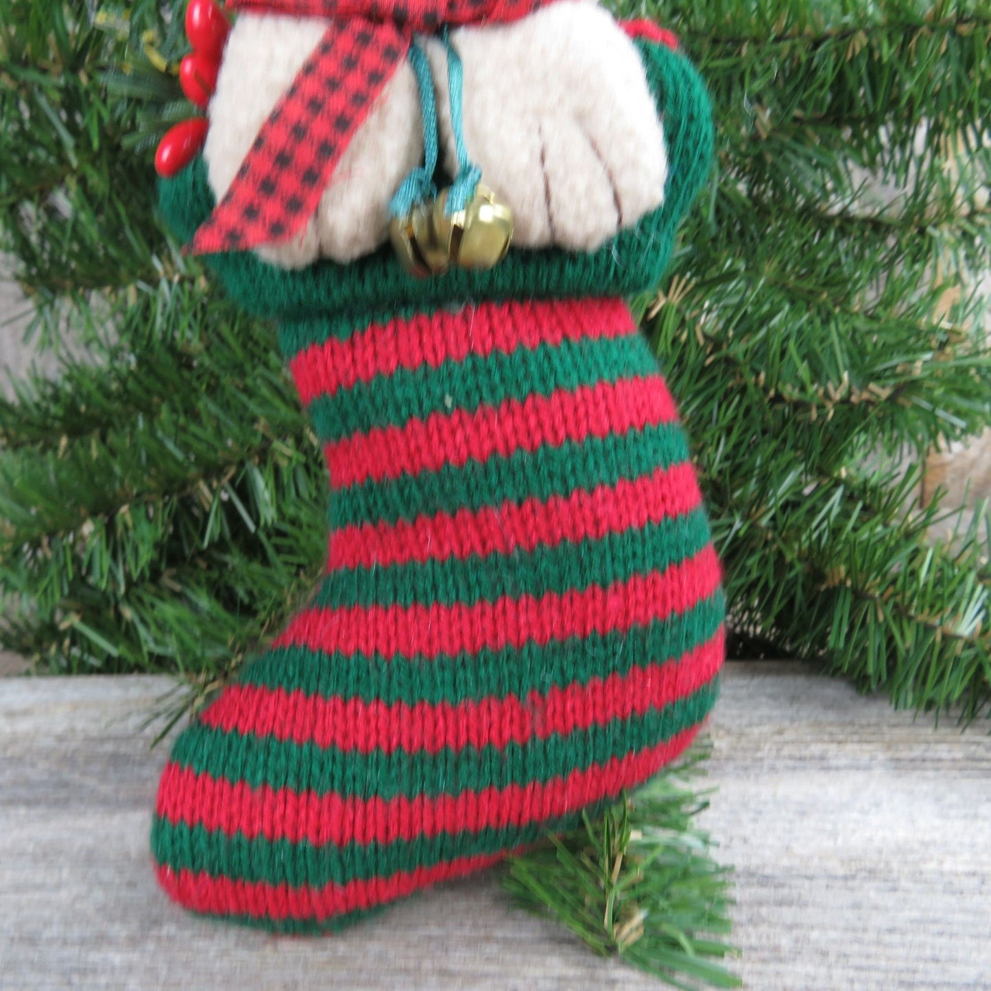 Vintage Cat in Stocking Ornament Kitten Striped Bell Knit Christmas Tree
