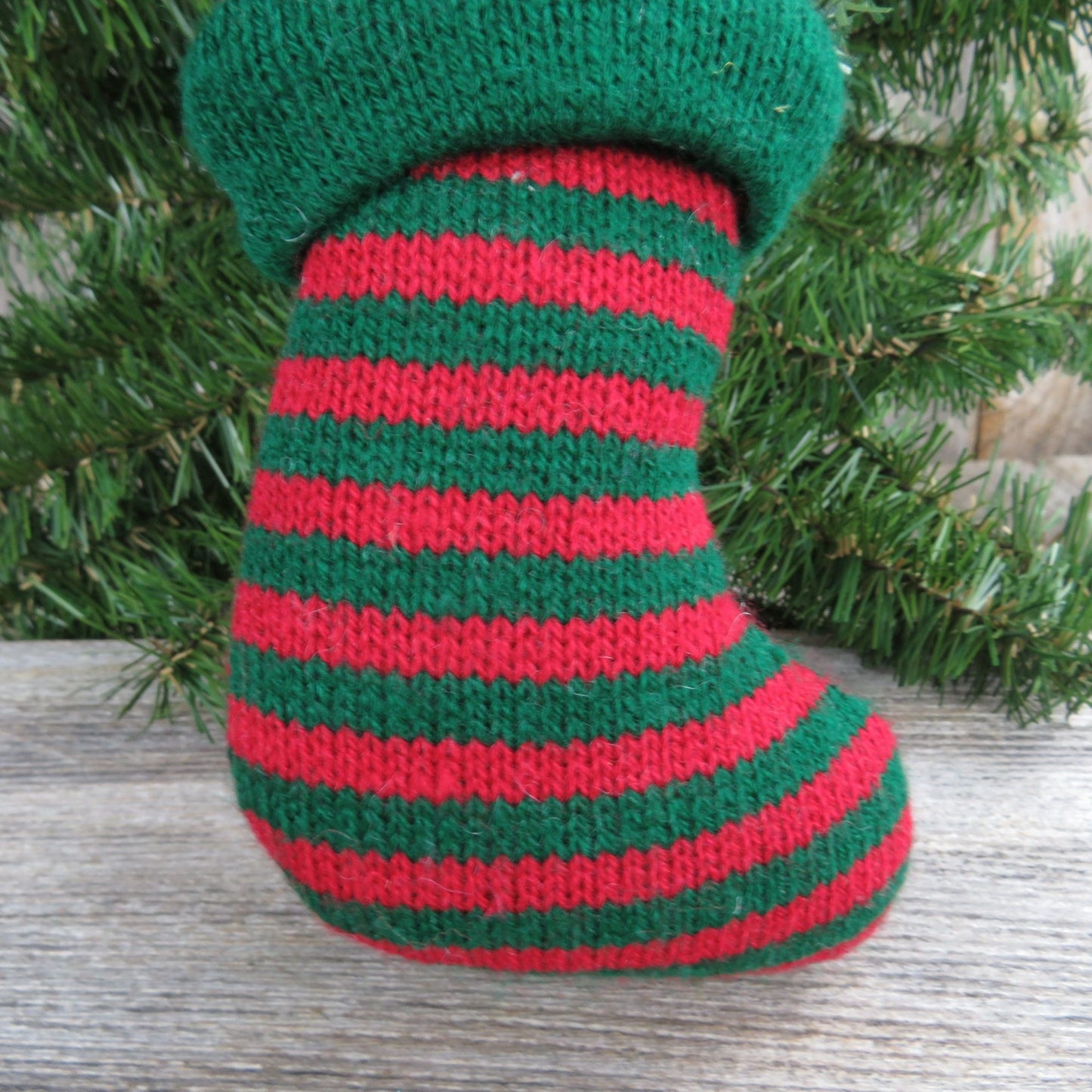 Vintage Cat in Stocking Ornament Kitten Striped Bell Knit Christmas Tree