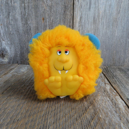 Vintage Yellow Squeak Monster Plush Rubber Face Toy Animal Fair Lion Fangs Blue Ears Shaker Creature Stuffed Animal
