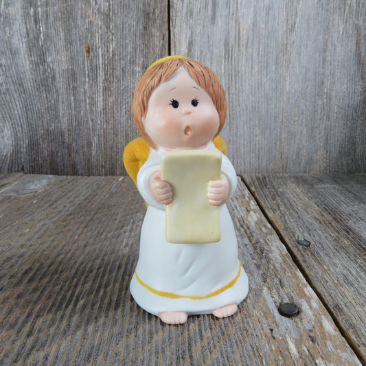 Vintage Caroling Angel Bell Figurine Jasco Christmas Bell Ringer Ceramic Porcelain Taiwan Gold Flocked Wings Halo