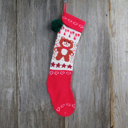 Vintage Teddy Bear Candy Cane Knit Christmas Stocking Red Green 1980s st13
