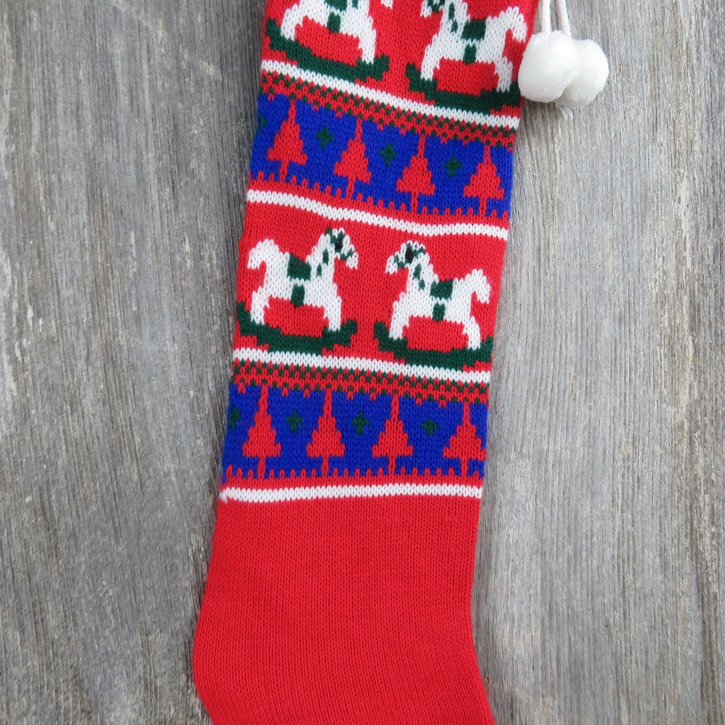 Vintage Rocking Horse Knit Stocking Christmas Knitted Red Blue White Holiday Home Decor