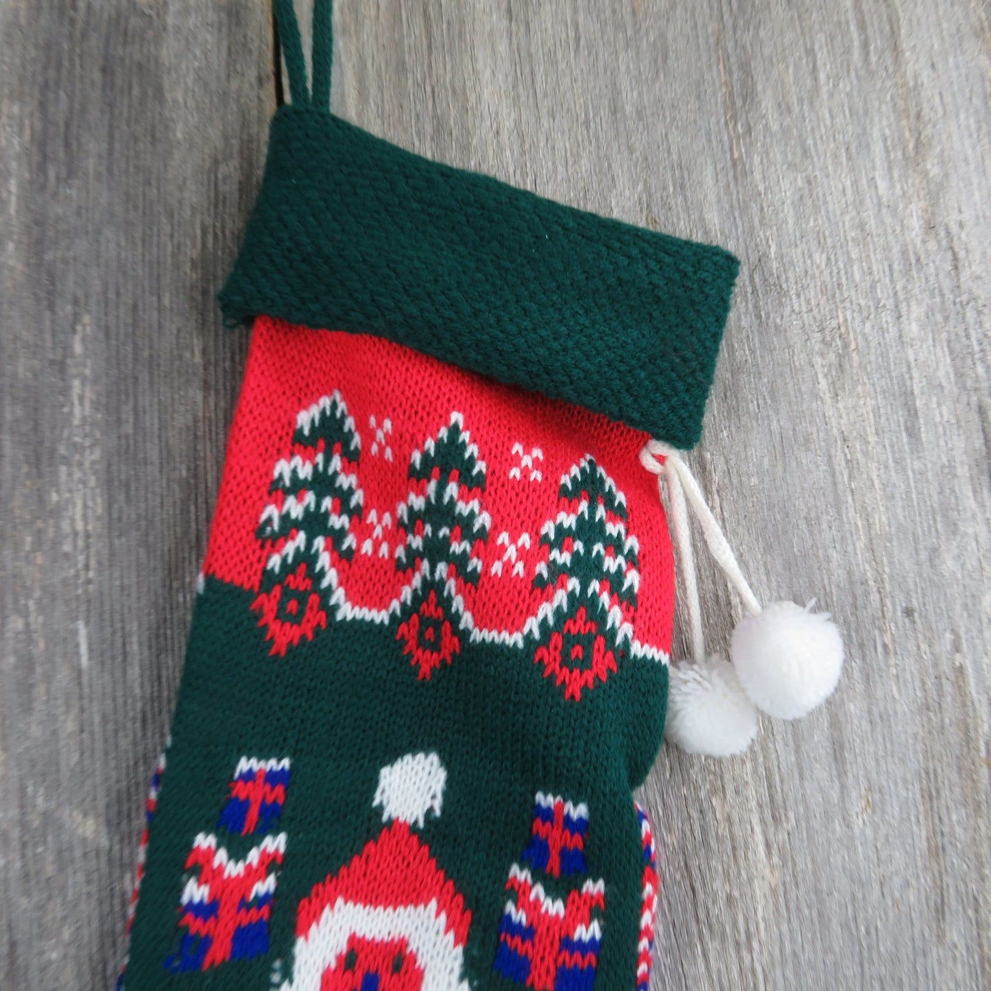 Vintage Santa Claus Knit Stocking Green Red White Gifts Trees Hearts Pom Pom 1980s