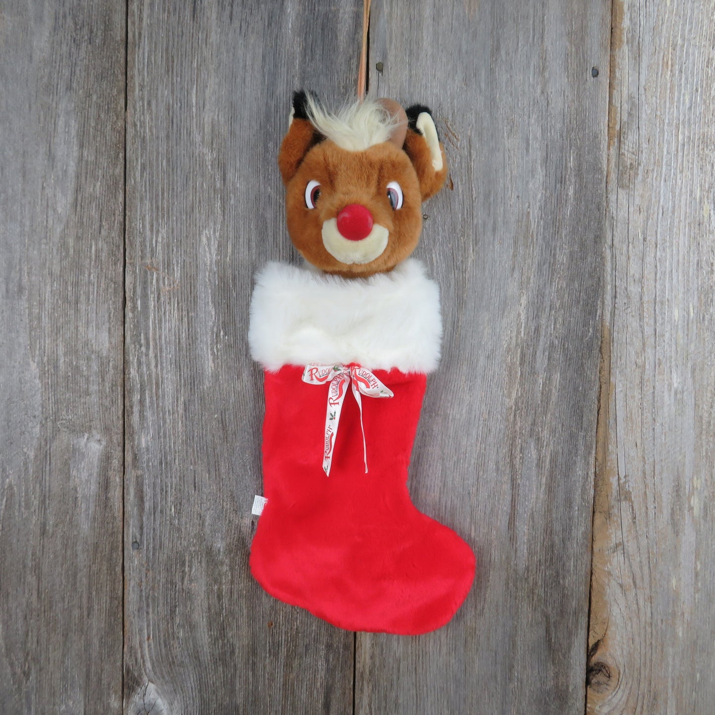 Vintage Rudolph Stocking Prestige Christmas Red Flocked Nose Reindeer 1999 Plush Stuffed Red Holiday