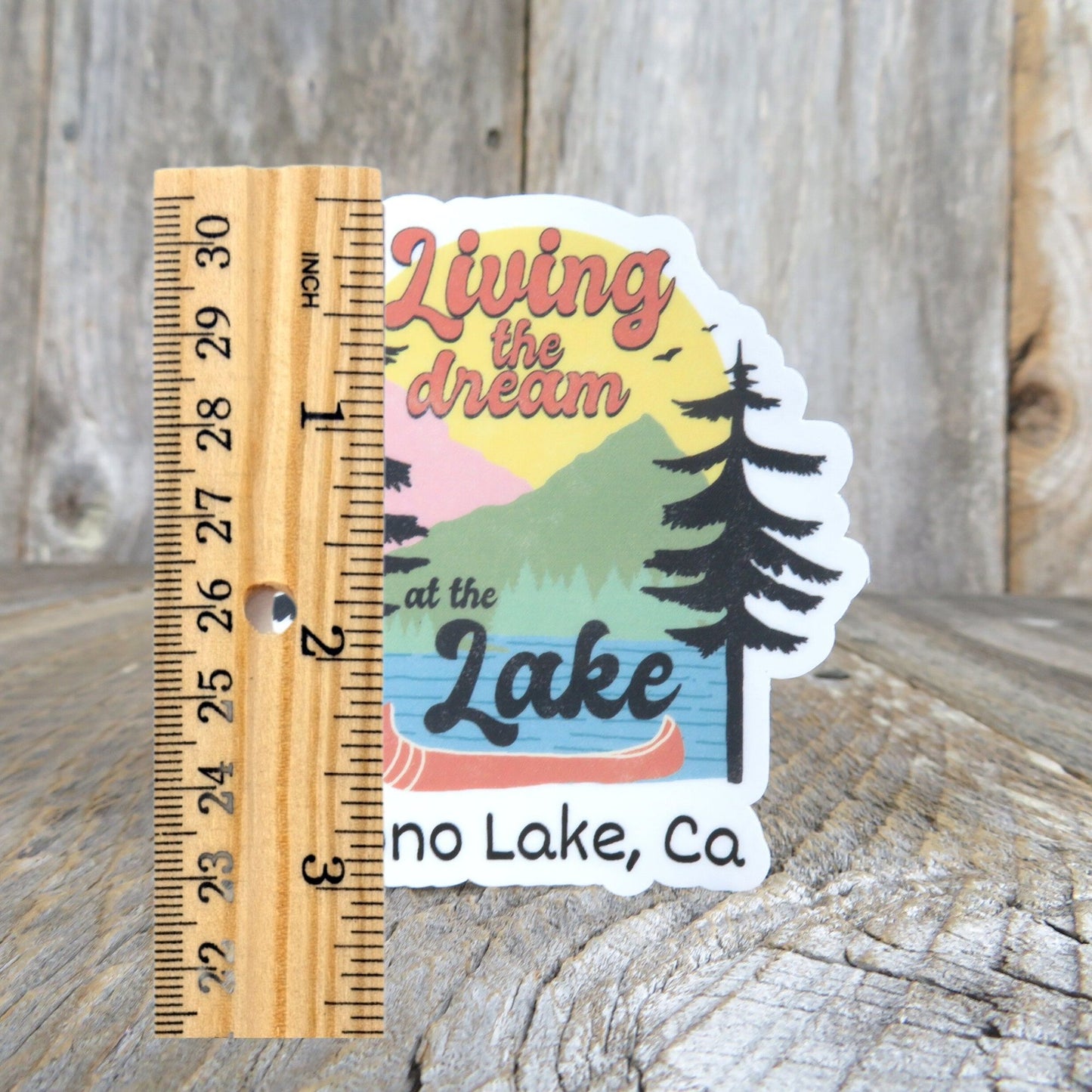 Mono Lake California, Living the Dream at the Lake Sticker Waterproof Boating Fishing Water Sports Camping Outdoors Retro Colors