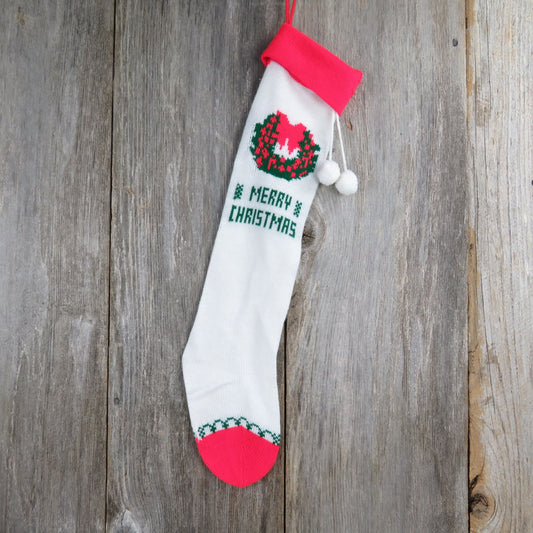 Vintage White Wreath Design Knit Stocking Tree Knitted White Green Red Christmas Pom Pom ST341