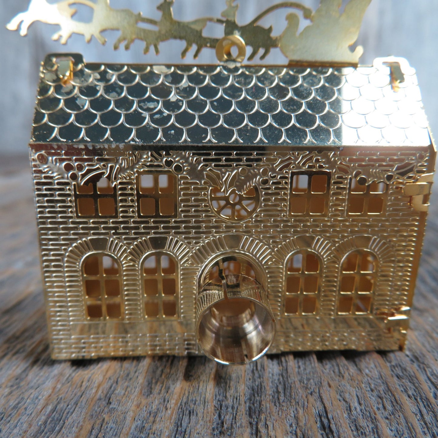 Vintage Christmas Eve Visit Brass House Ornament Santa Sleigh Reindeer Hallmark Light Cover 1985 Brass Gold