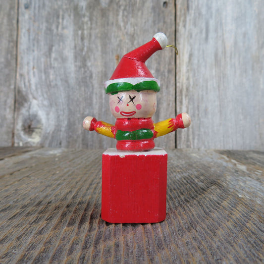 Vintage Jack In A Box Wood Ornament Clown Red Green Wooden Christmas Candy Cane