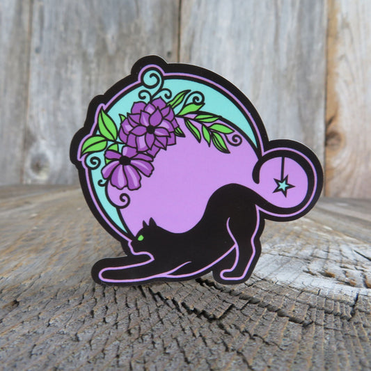 Black Cat and Moon Sticker Purple Flowers Waterproof Magic Mystic Stretching Cat