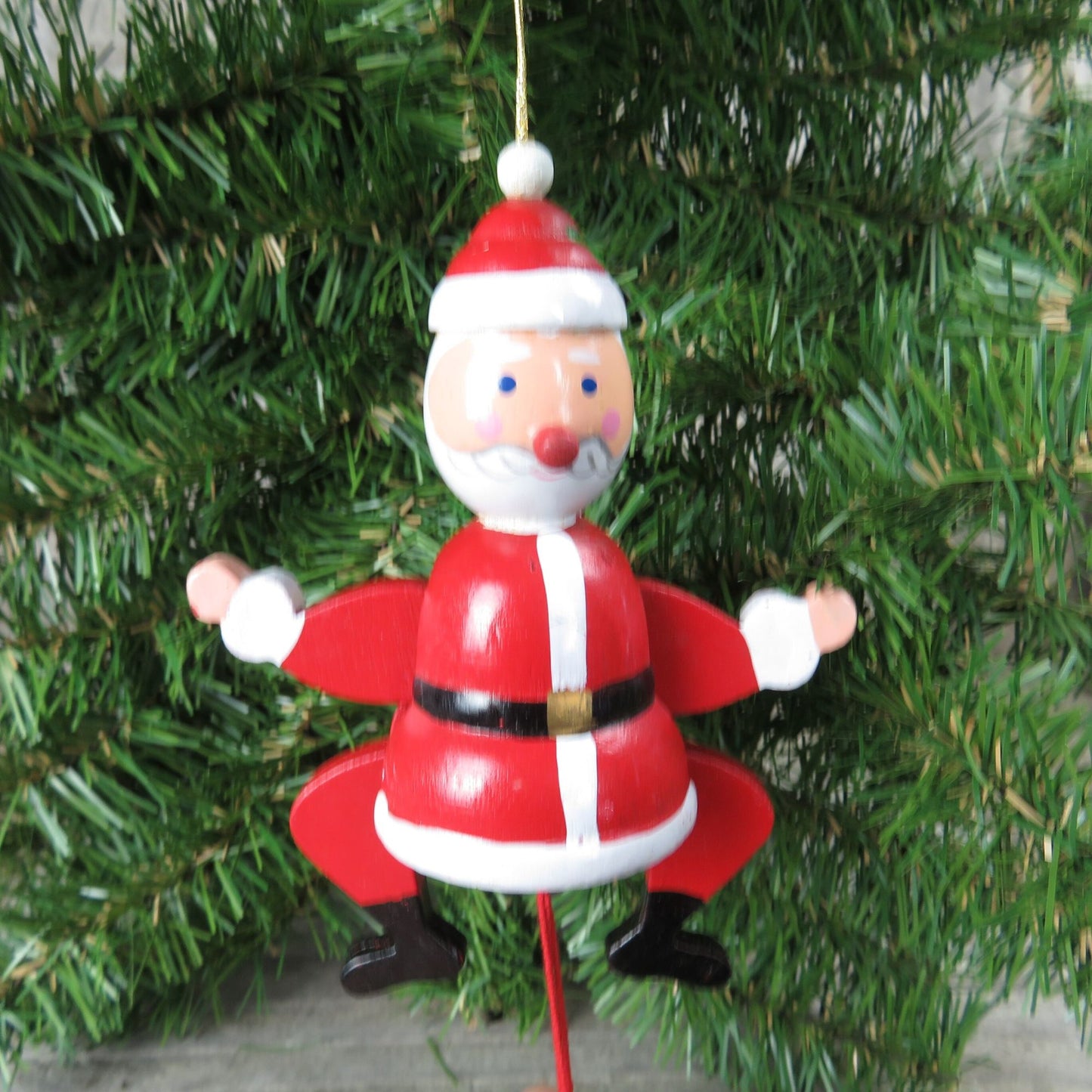 Vintage Wooden Santa Pull String Ornament Russ Jumping Wood Santa Christmas