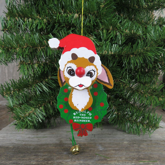 Vintage Rudolph Pull String Wood Ornament Kurt Adler Red Nosed Reindeer Wooden Christmas 1987