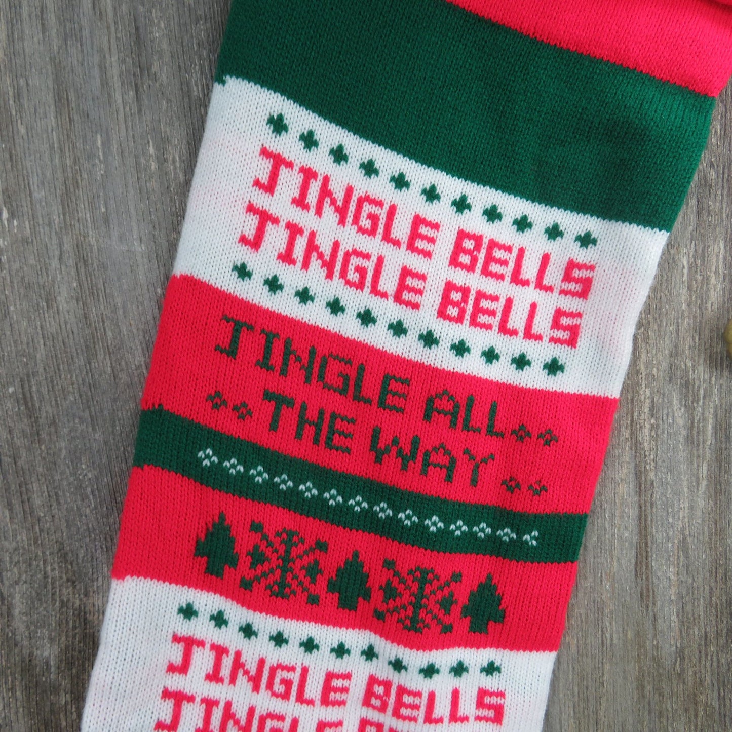 Vintage Jingle Bells Knit Stocking Extra Large Striped Jingle All The Way Huge Red Green St377