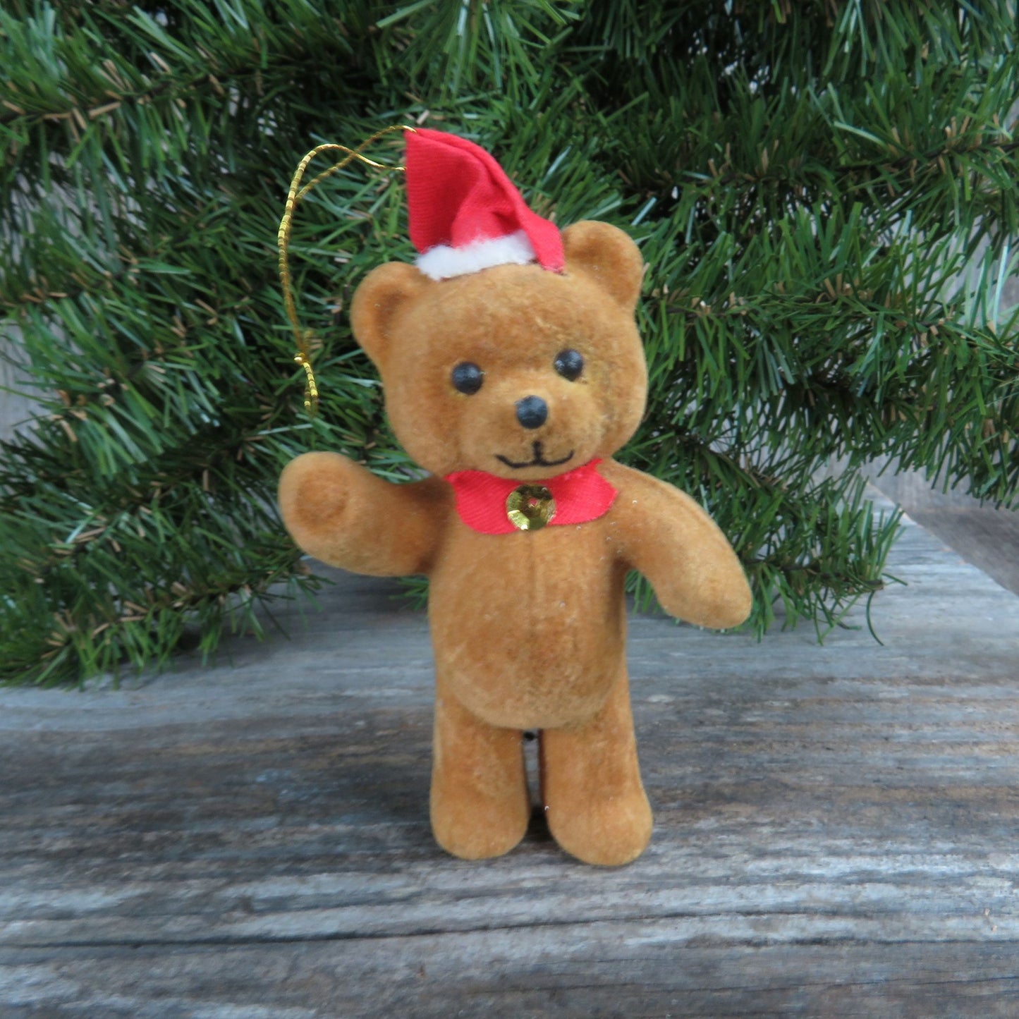 Vintage Flocked Bear Ornament Christmas Santa Hat Brown